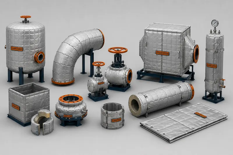 Clad thermal insulation on a vessel, pipe bends, valves and ducting