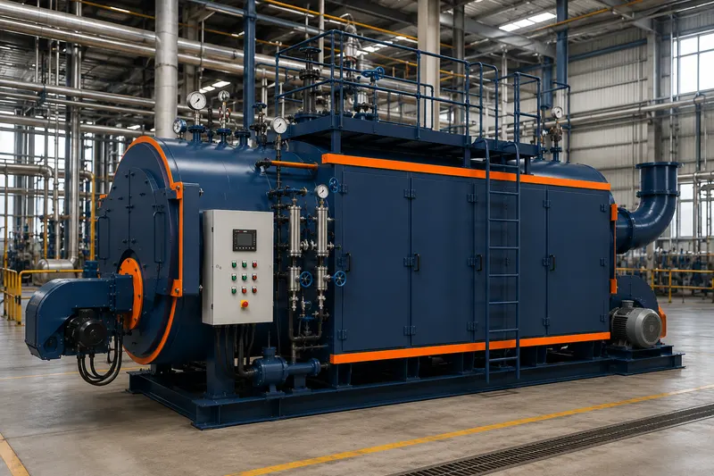 A packaged fire-tube steam boiler with its burner at the front and control panel on the side